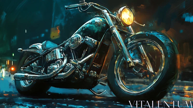 Custom chrome motorcycle glows over wet neon asphalt.