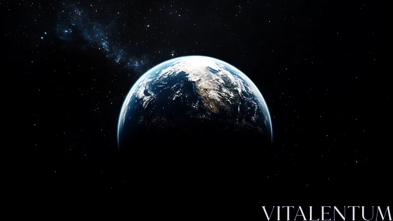Half-lit Earth drifting in deep star-filled cosmic void.