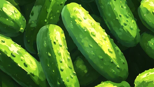 Dense cucumber cluster rendered with layered digital brushwork