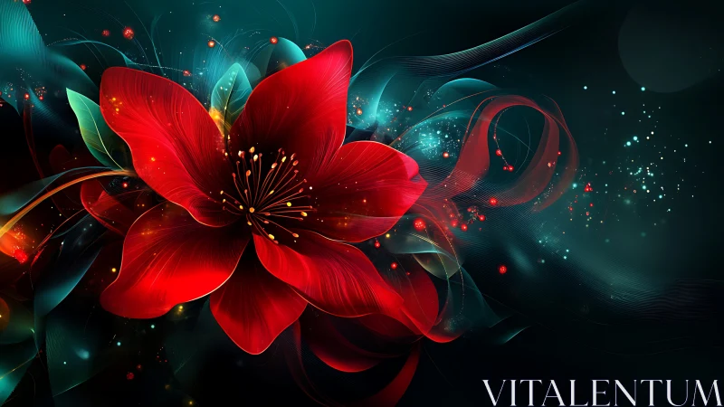 Digital red flower composition occupies a dark abstract field