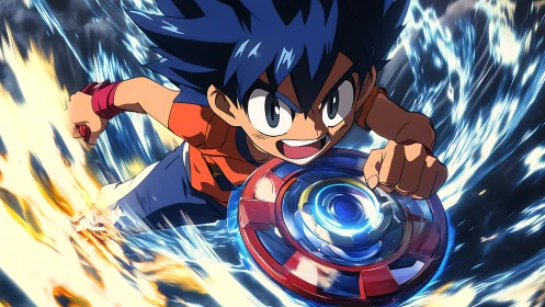 Young anime blader launches spinning top in blazing battle