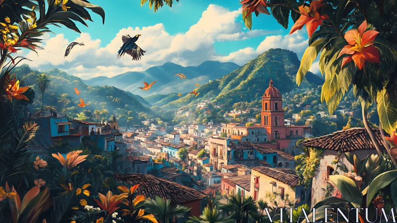 Hillside town with mountains, colonial tower and foliage.