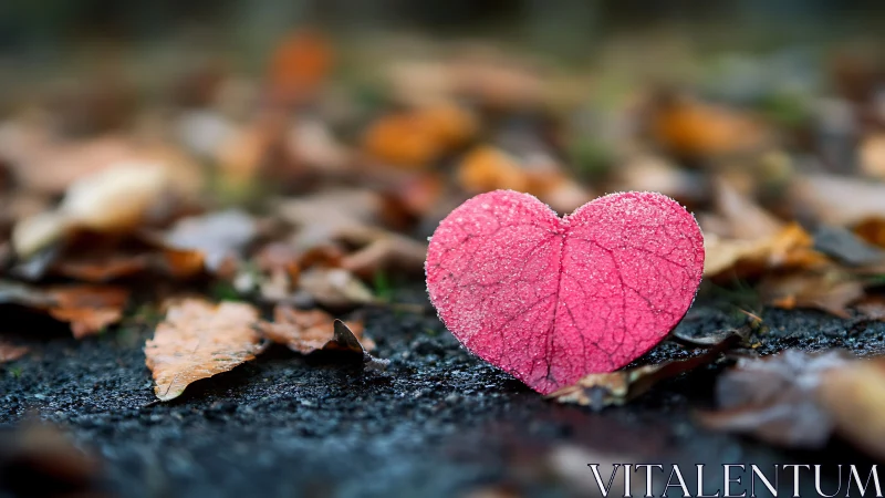 Frosted pink heart leaf resting gently on autumn ground.