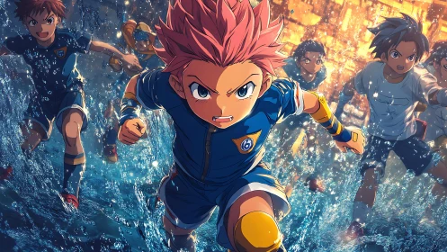 Dynamic anime football sprint through cinematic water field.