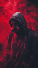 Hooded wanderer in crimson smoke, lost in quiet mystery.