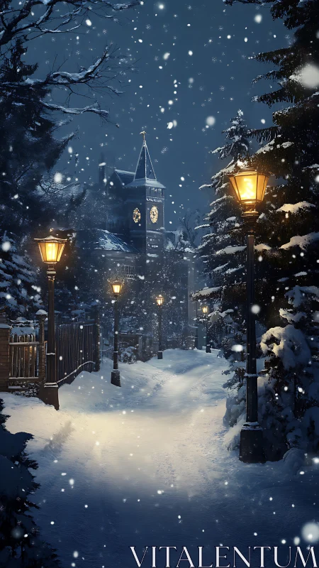 Snow-laden avenue leads to illuminated clocktower at dusk