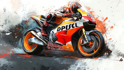 High-speed racing bike lean in dynamic digital brushwork.