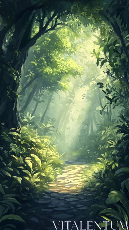 Enchanted forest path bathed in golden light