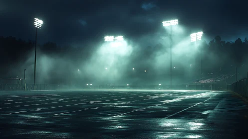Mist filled stadium lights glow softly over a quiet wet field
