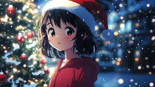 Anime girl in Santa hat beside glowing Christmas tree.