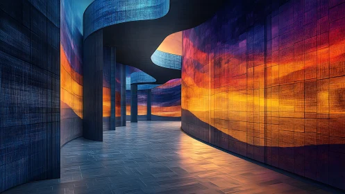 Illuminated Corridor with Gradient Color Projection and Cylindrical Architecture