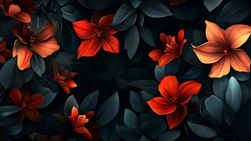 Red and orange flowers rendered against dark teal foliage