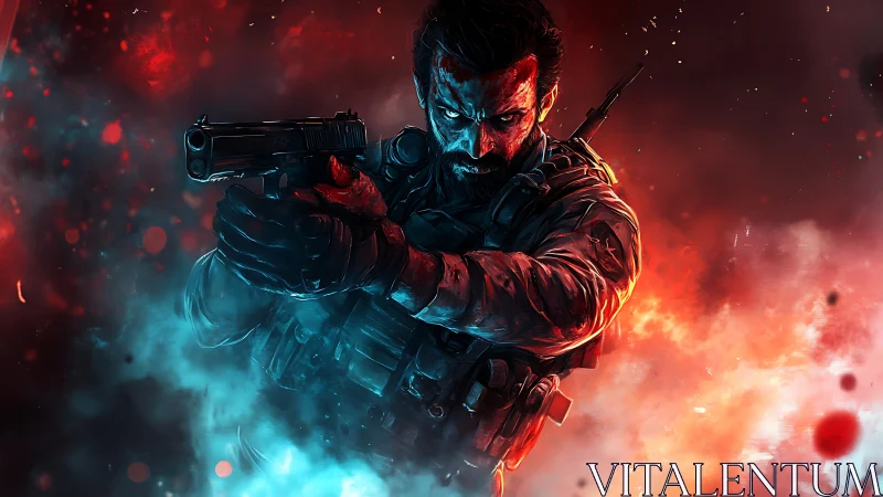 Heavily armed soldier aims handgun amid red and blue smoke