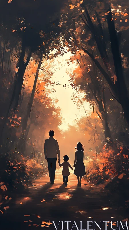 Three silhouetted figures walking through luminous forest passage at dusk