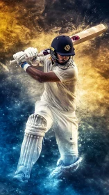 Dynamic cricket batsman framed in dual-color particle storm.