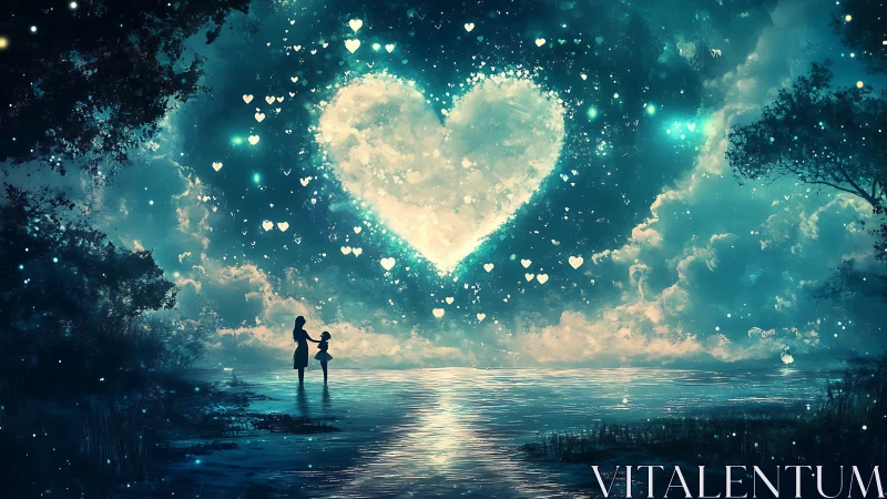 Heart-shaped luminous formation above silhouetted figures in water