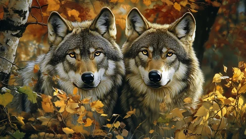 Twin amber-eyed wolves resting in a storm of autumn leaves.