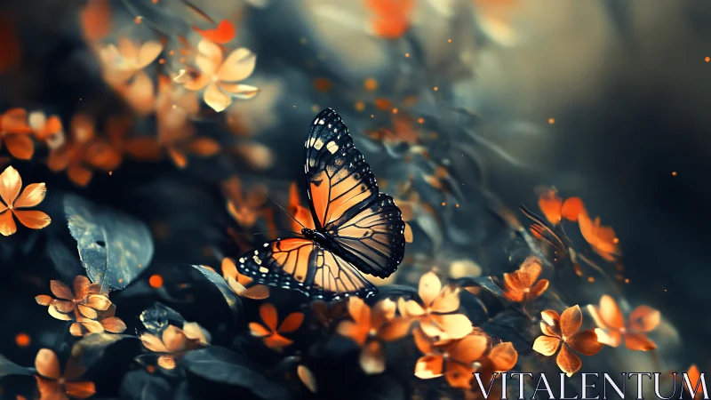 Monarch butterfly over glowing orange flowers at dusk.