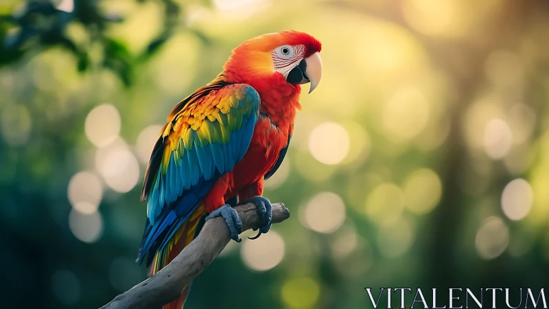 Vibrant Scarlet Macaw on Branch in Sunlit Forest, Nature Photography.