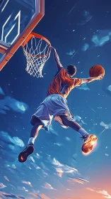 High-flying basketball dunk slices through a glowing twilight sky