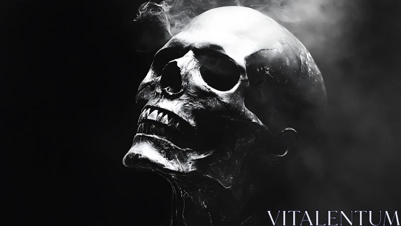 Smoking chrome skull emerges from darkness in harsh contrast.