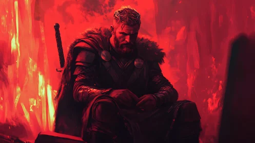 Brooding warrior rests in crimson firelight after fierce battle