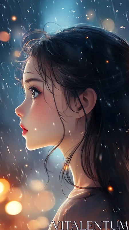 Melancholic anime girl gazes through soft rain-lit evening.
