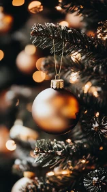 Gold Christmas bauble hangs on snowy evergreen branch