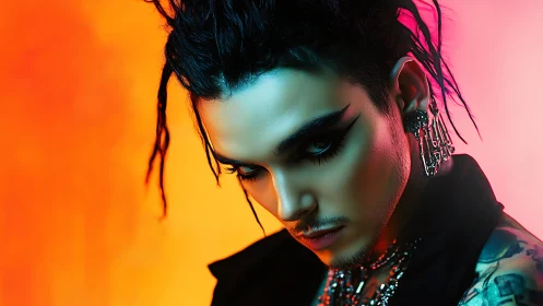 Cyberpunk portrait with neon gradient backdrop and hard glam lighting.