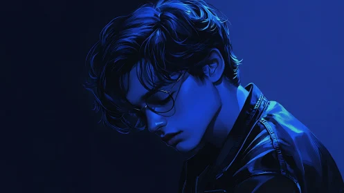 Chromatic blue portrait of introspective youth in leather jacket.