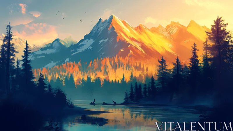 Mountain lake landscape with conifer forest at sunrise.
