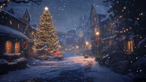Nocturnal village street with illuminated Christmas tree centerpiece.