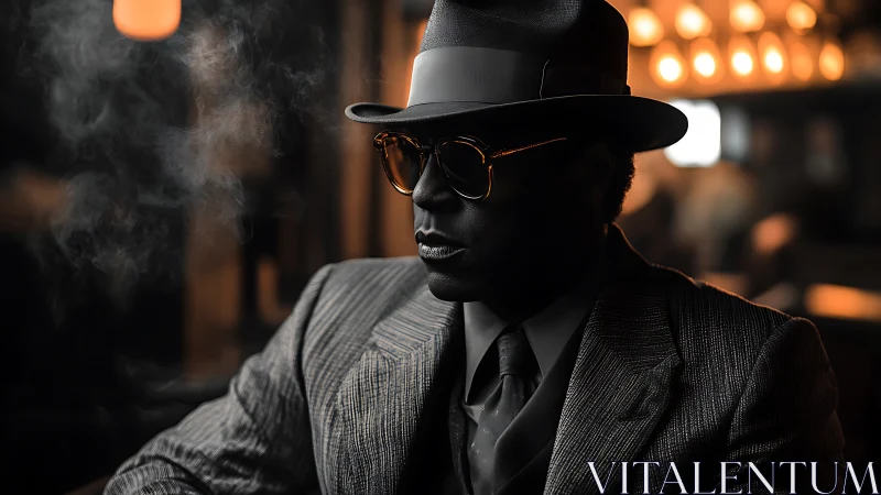 Noir-style man in fedora smoking in dim jazz bar.