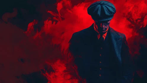 Solitary man in flat cap against intense red backdrop.