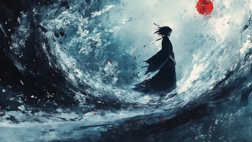 Solitary dark figure amid swirling ocean and red moon.