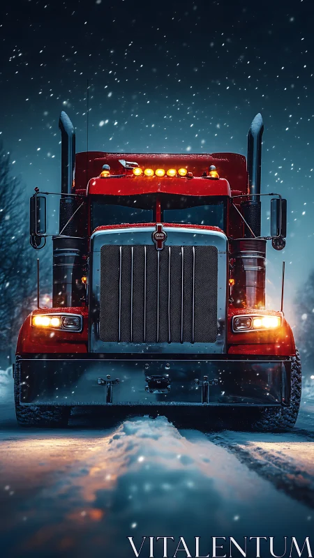 Red semi truck faces snowy winter road under night sky