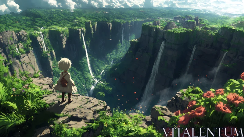 Solitary explorer overlooking lush canyon waterfalls vista.