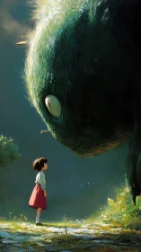 Child in forest clearing confronting giant moss creature.