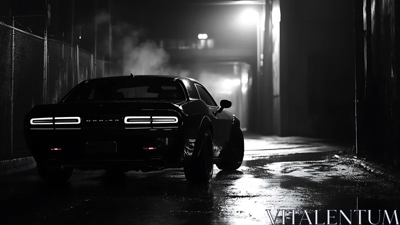 Muscle car taillights cut through wet monochrome alleyway night.