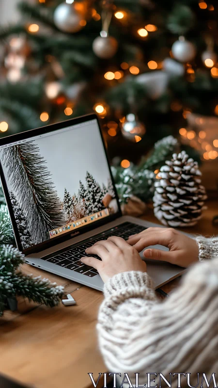 Cozy hands type on laptop beside glowing Christmas tree.