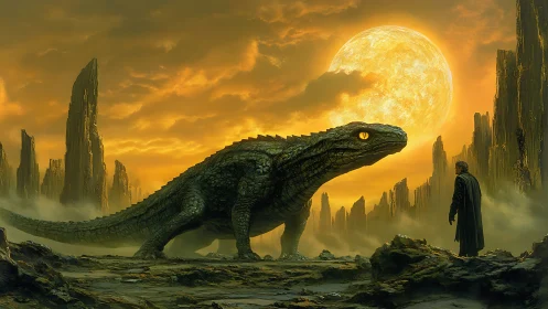 Colossal reptilian titan confronting lone figure at molten sun