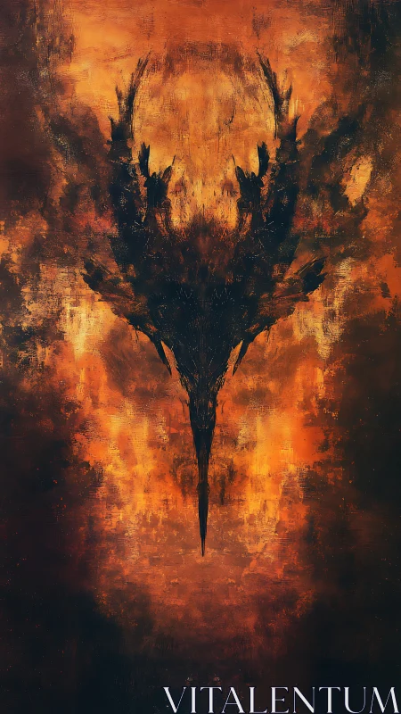 Dark symmetrical spike form against textured fiery field.