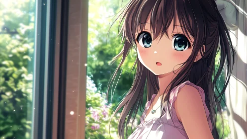 Sunlit balcony moment with wide-eyed anime girl portrait.