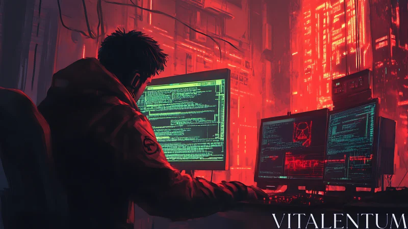 Midnight coder explores neon city data from glowing screens