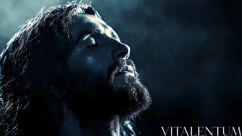 Bearded man in side profile under moody blue light.