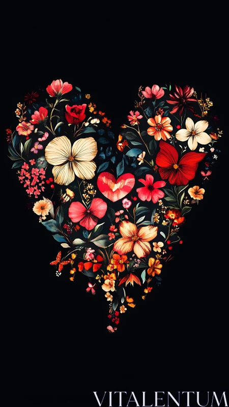 Floral Heart Composition Against Dark Background.
