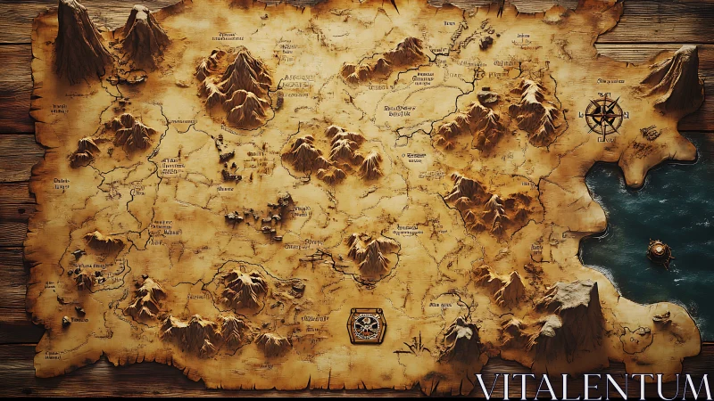 Fantasy regional map with mountains, rivers and coastline.