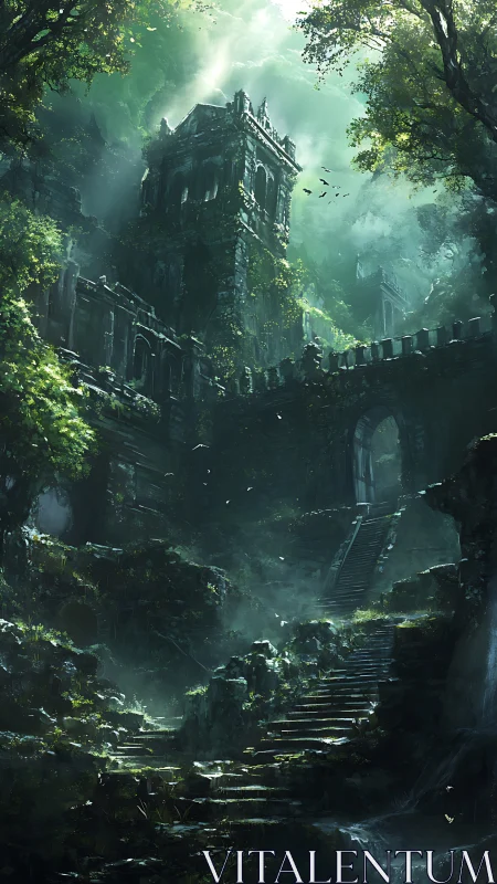 Ancient jungle fortress rises in misty, enchanted light