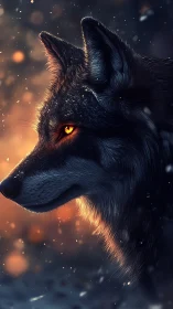 Fiery eyed wolf gazes calmly through drifting winter sparks
