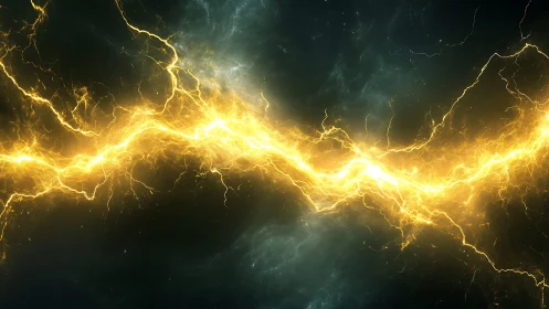 Golden plasma lightning splits a storm-dark cosmic void.